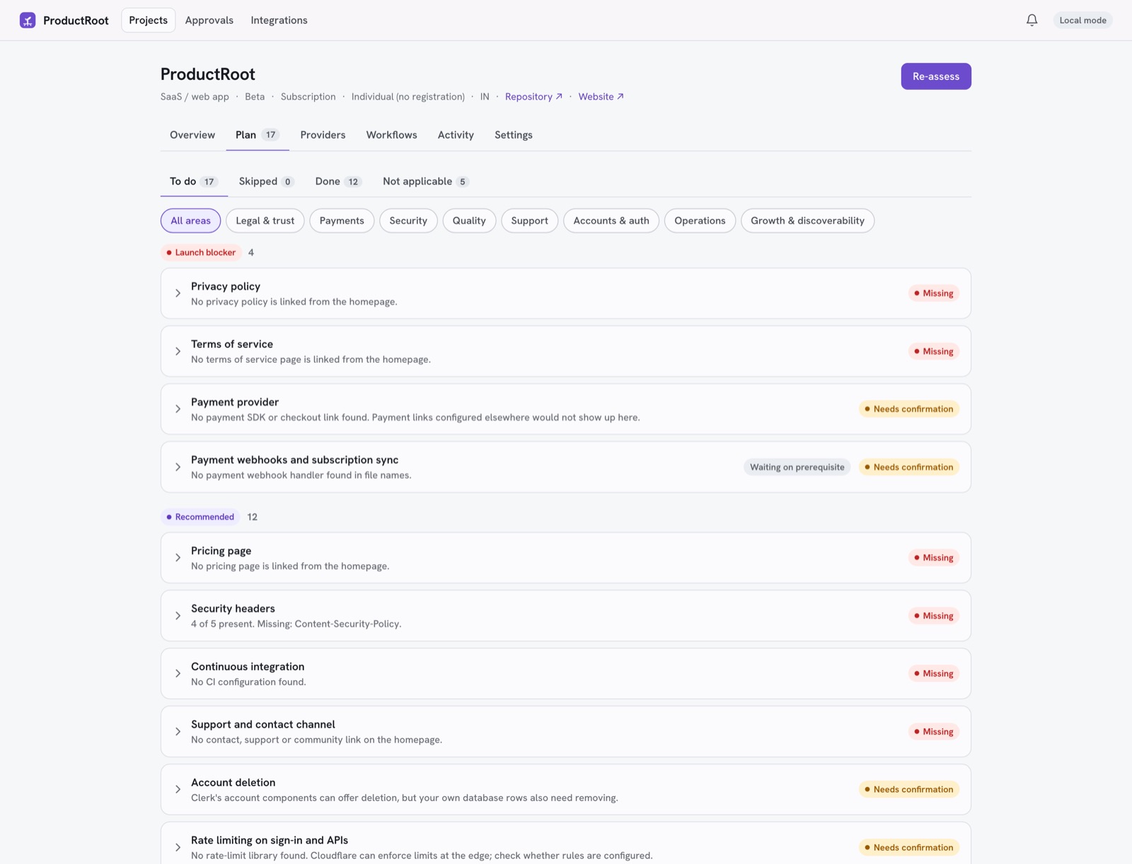 ProductRoot plan view grouping launch blockers, recommended and optional tasks with evidence