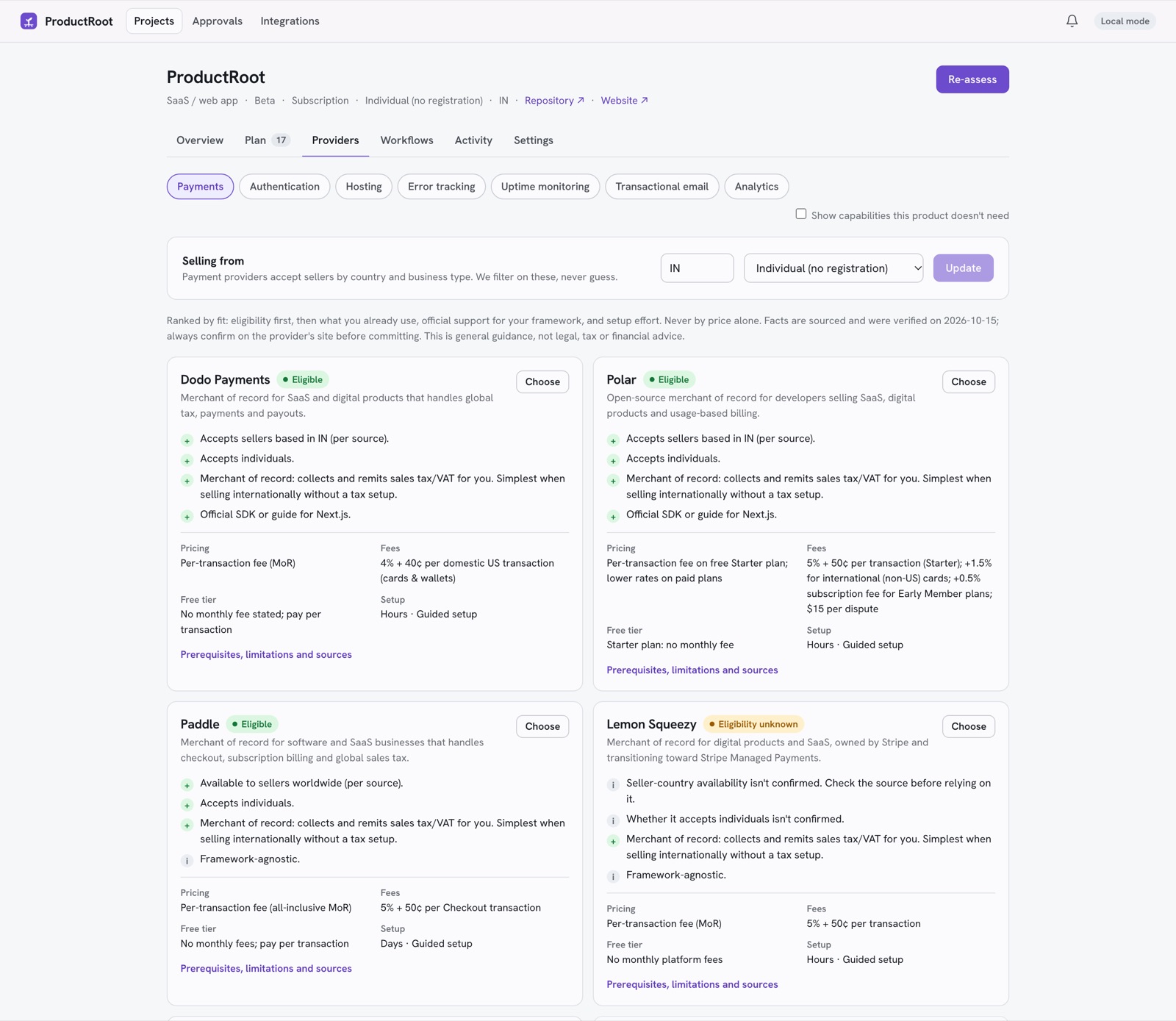 Payment provider comparison filtered for an individual seller in India