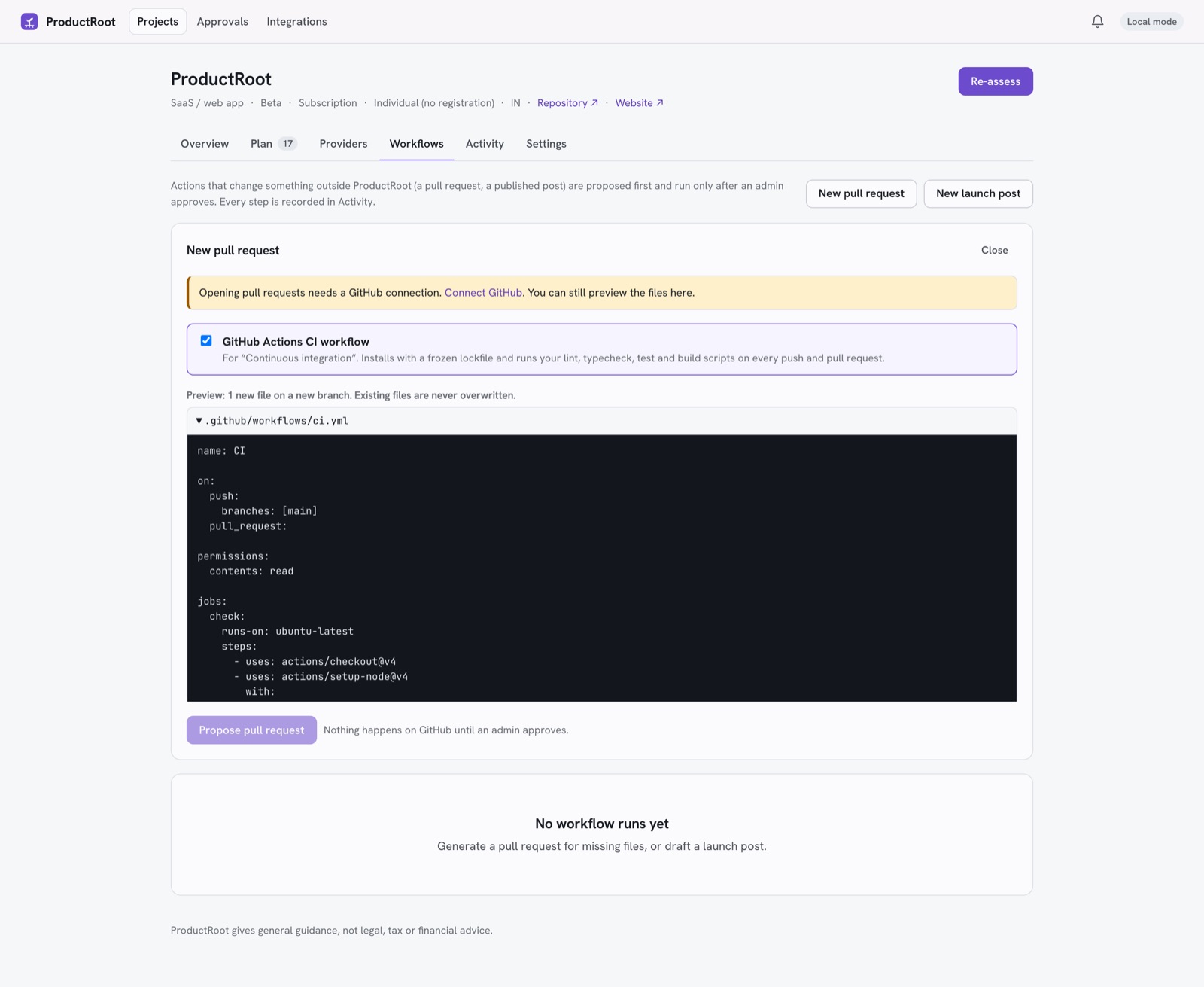 Pull request composer previewing a generated GitHub Actions CI workflow